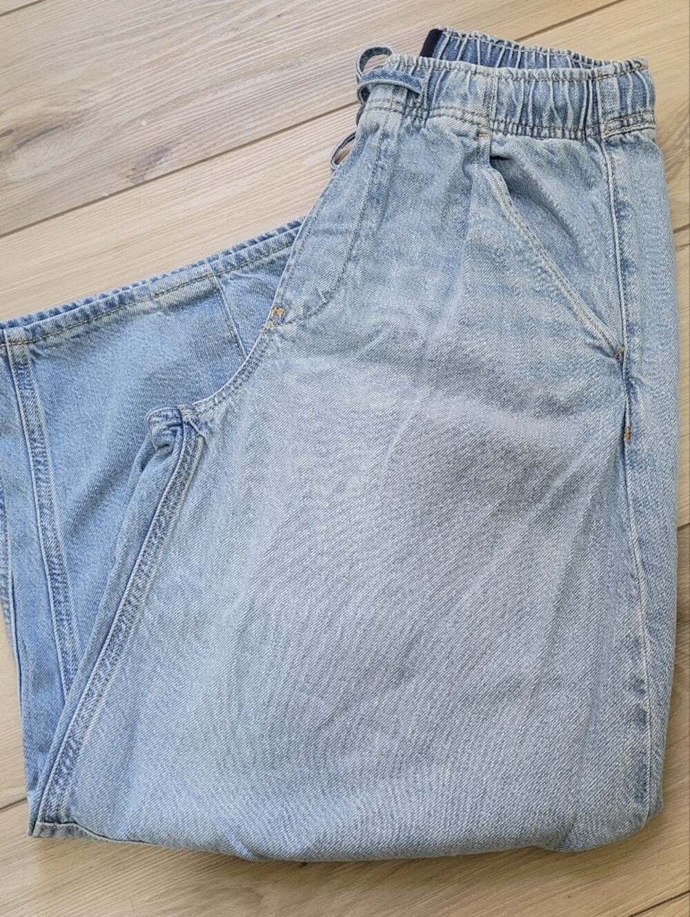 GAP Women's Drawstring Ultrasoft Denim Barrel Leg Jeans XS Petite Bue Streetwear